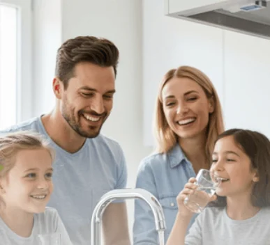 A family together at the kitchen sink while a child drinks a glass of water